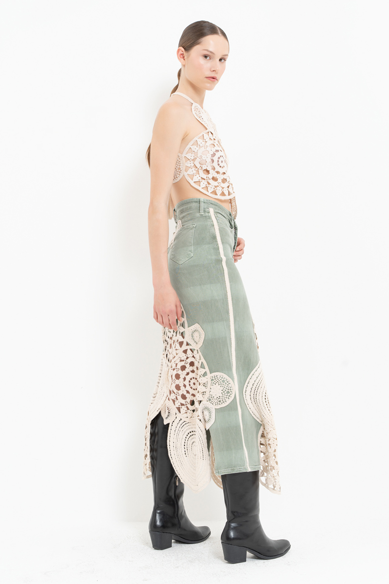 Yeşil Güpür Detaylı Kot Etek