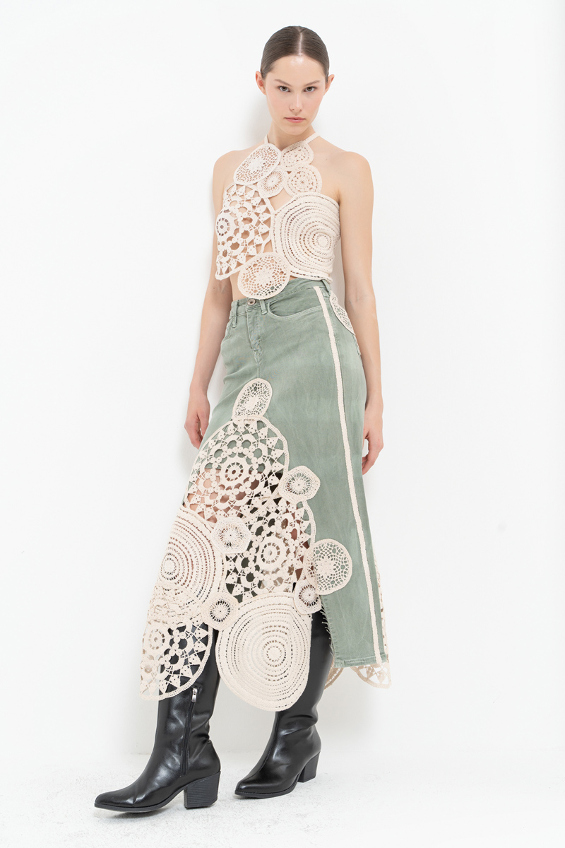 Yeşil Güpür Detaylı Kot Etek