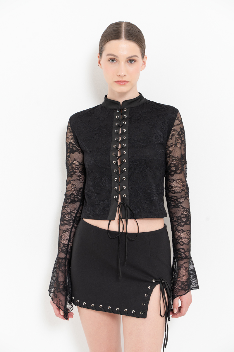 Siyah Kuşgözü Detaylı Mini Etek