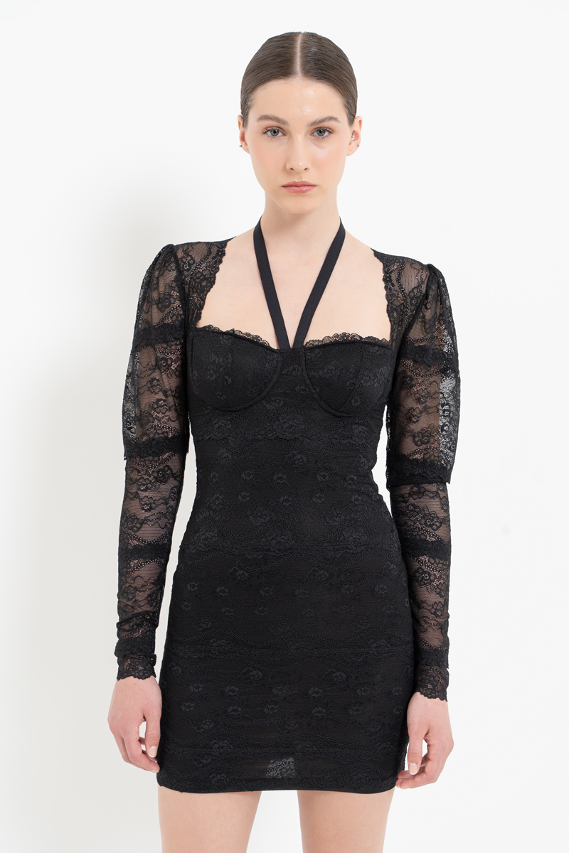 Siyah Uzun Kollu Mini Dantel Elbise