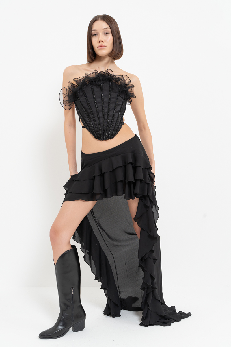 Siyah İşlemeli İstiridye Büstiyer