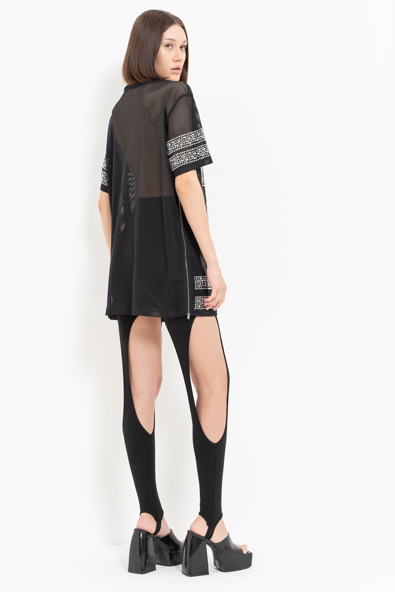 Taşlı Bol Kesim Siyah File Bluz