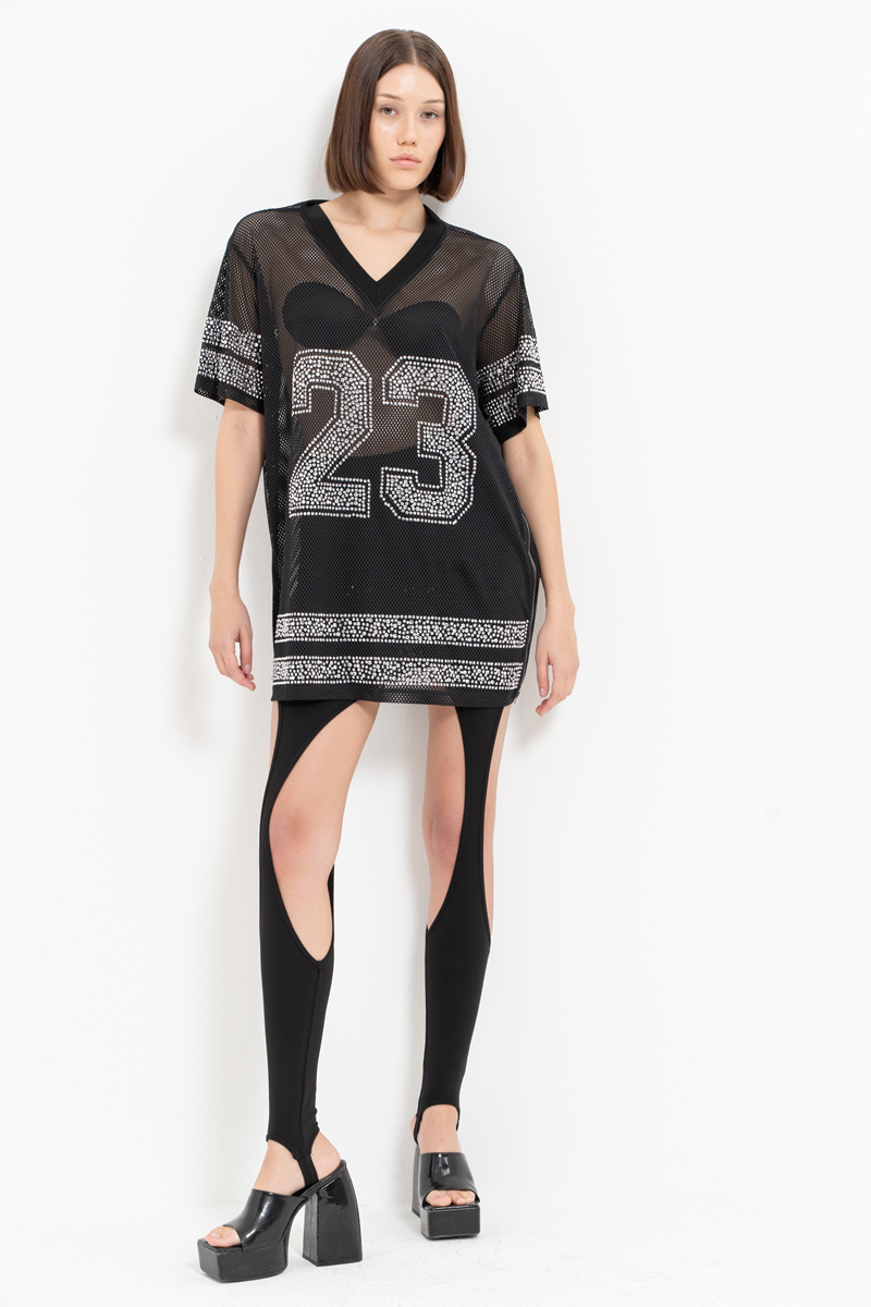 Taşlı Bol Kesim Siyah File Bluz