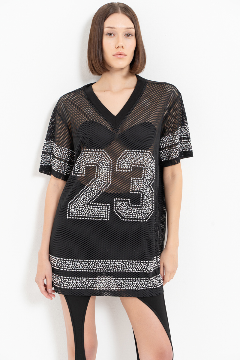 Taşlı Bol Kesim Siyah File Bluz