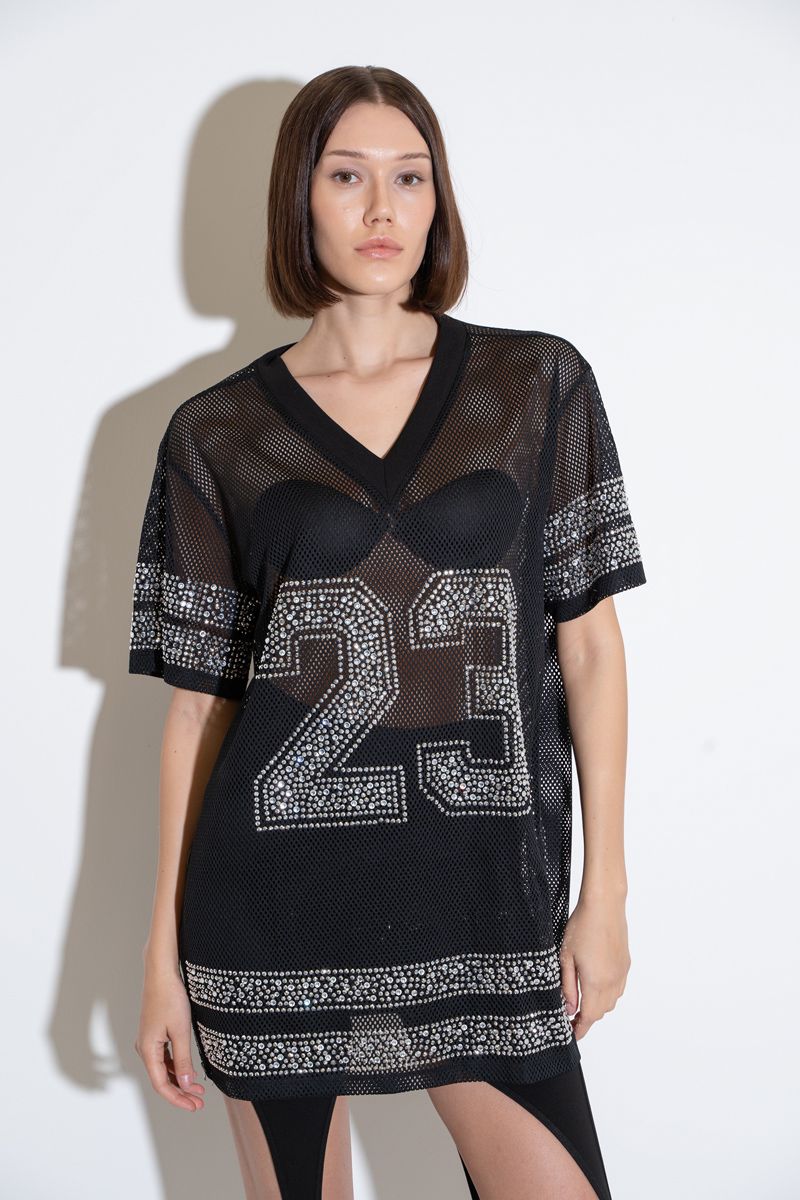Taşlı Bol Kesim Siyah File Bluz