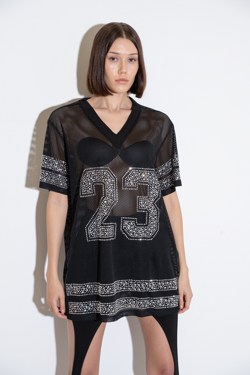 Taşlı Bol Kesim Siyah File Bluz