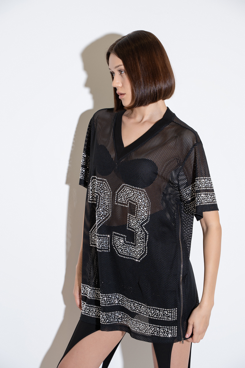 Taşlı Bol Kesim Siyah File Bluz