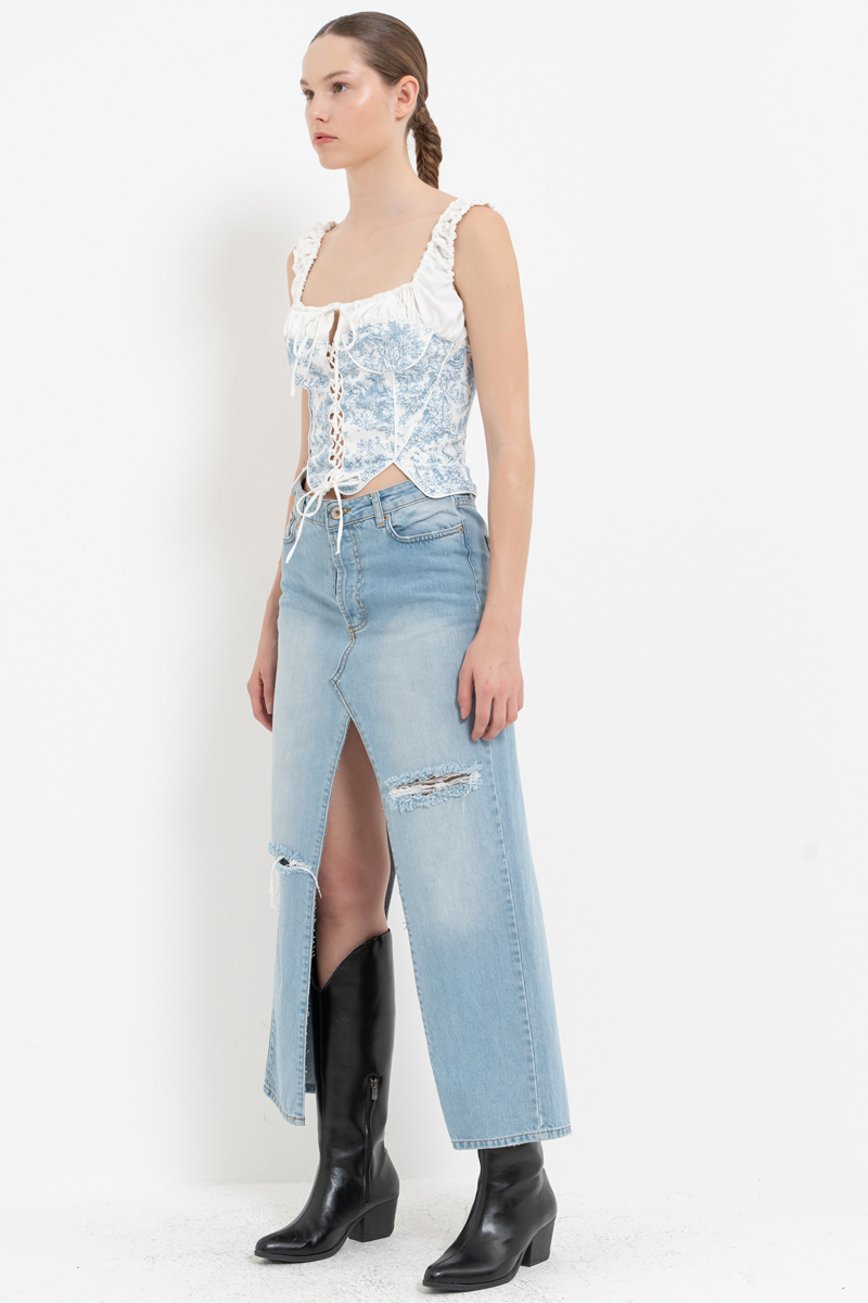 Offwhite-Dark Blue Biye Bağlamalı Büzgülü Büstiyer