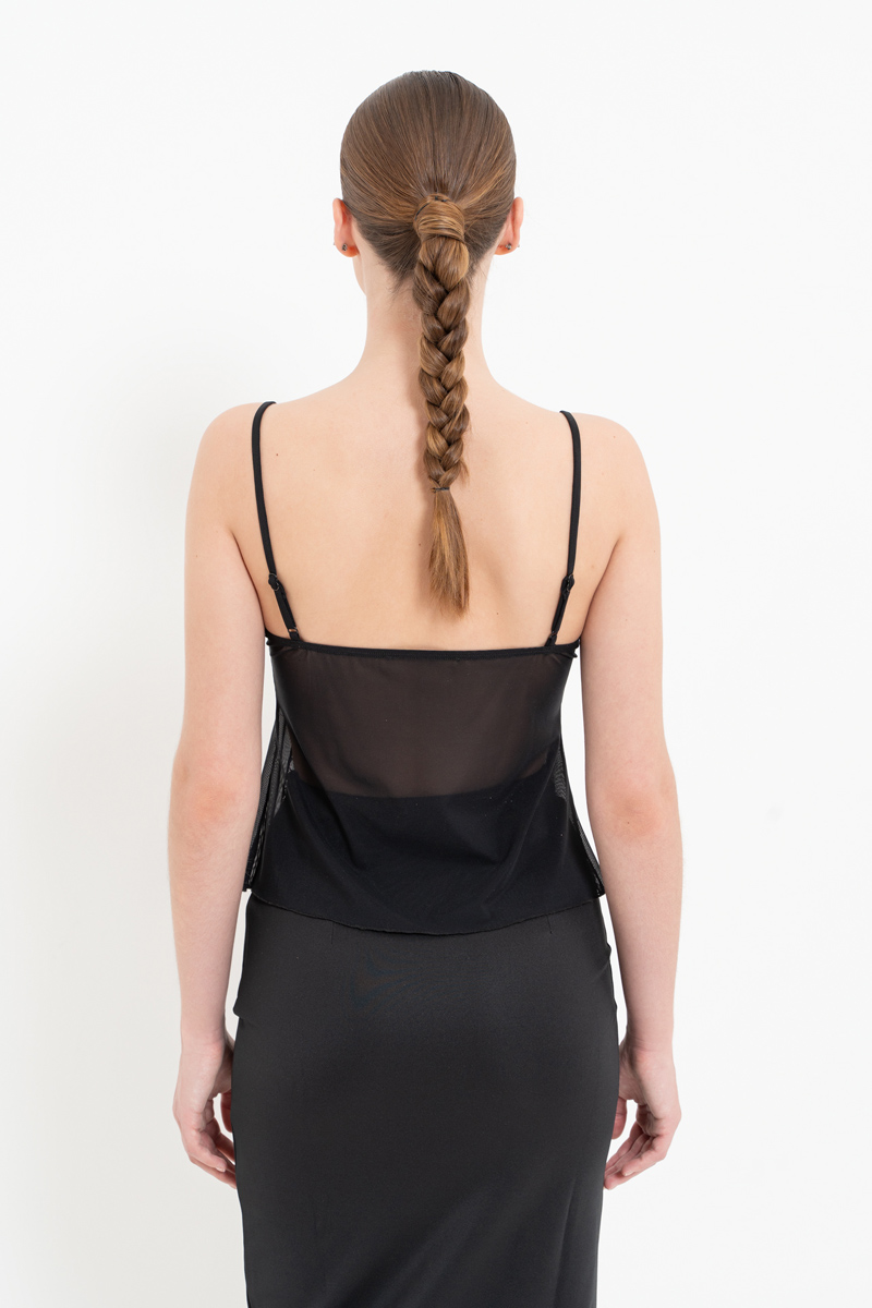 Siyah Askılı Dantelli Tül Bluz