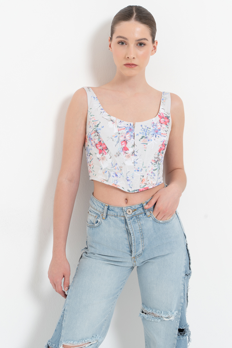 YEŞİL FUŞYA BÜYÜK ÇİÇEK Askılı Balenli Desenli Büstiyer