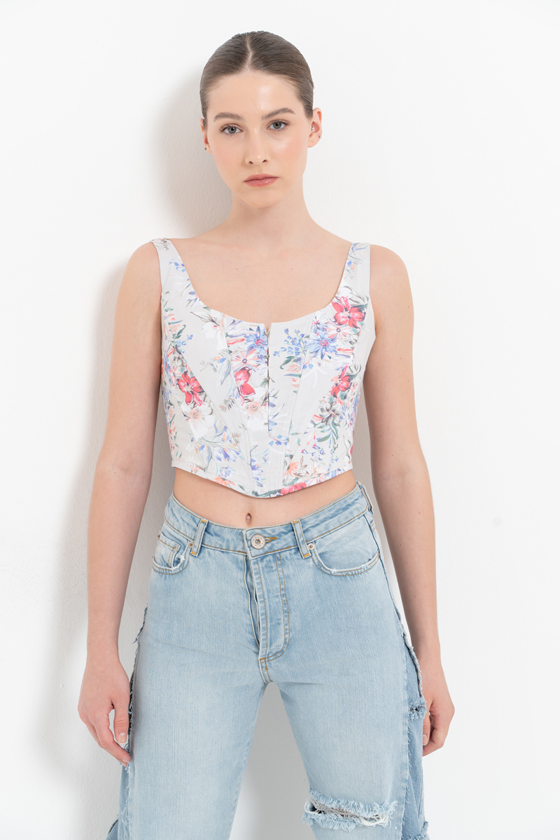 YEŞİL FUŞYA BÜYÜK ÇİÇEK Askılı Balenli Desenli Büstiyer