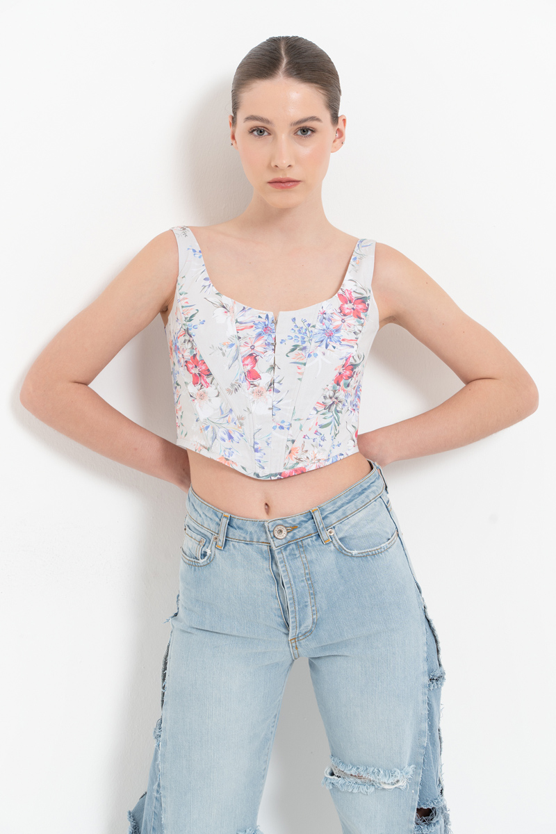 YEŞİL FUŞYA BÜYÜK ÇİÇEK Askılı Balenli Desenli Büstiyer