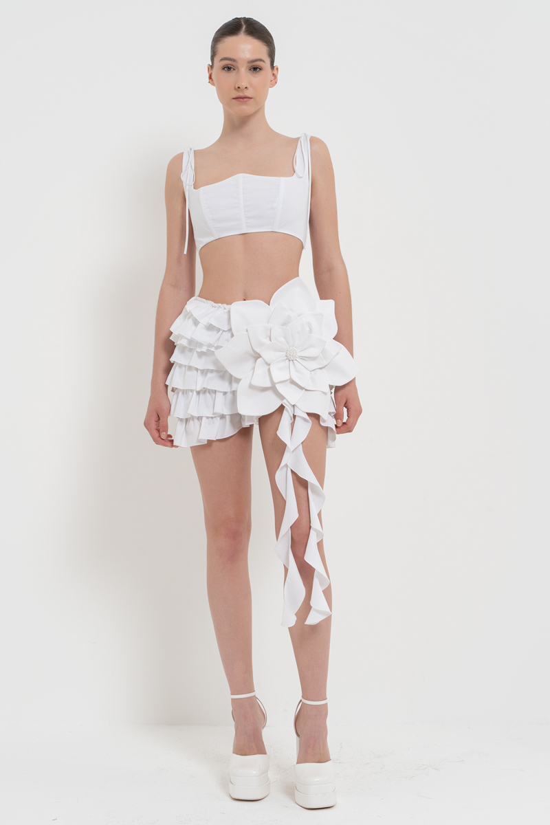 Off white Fırfırlı Mini Poplin Etek