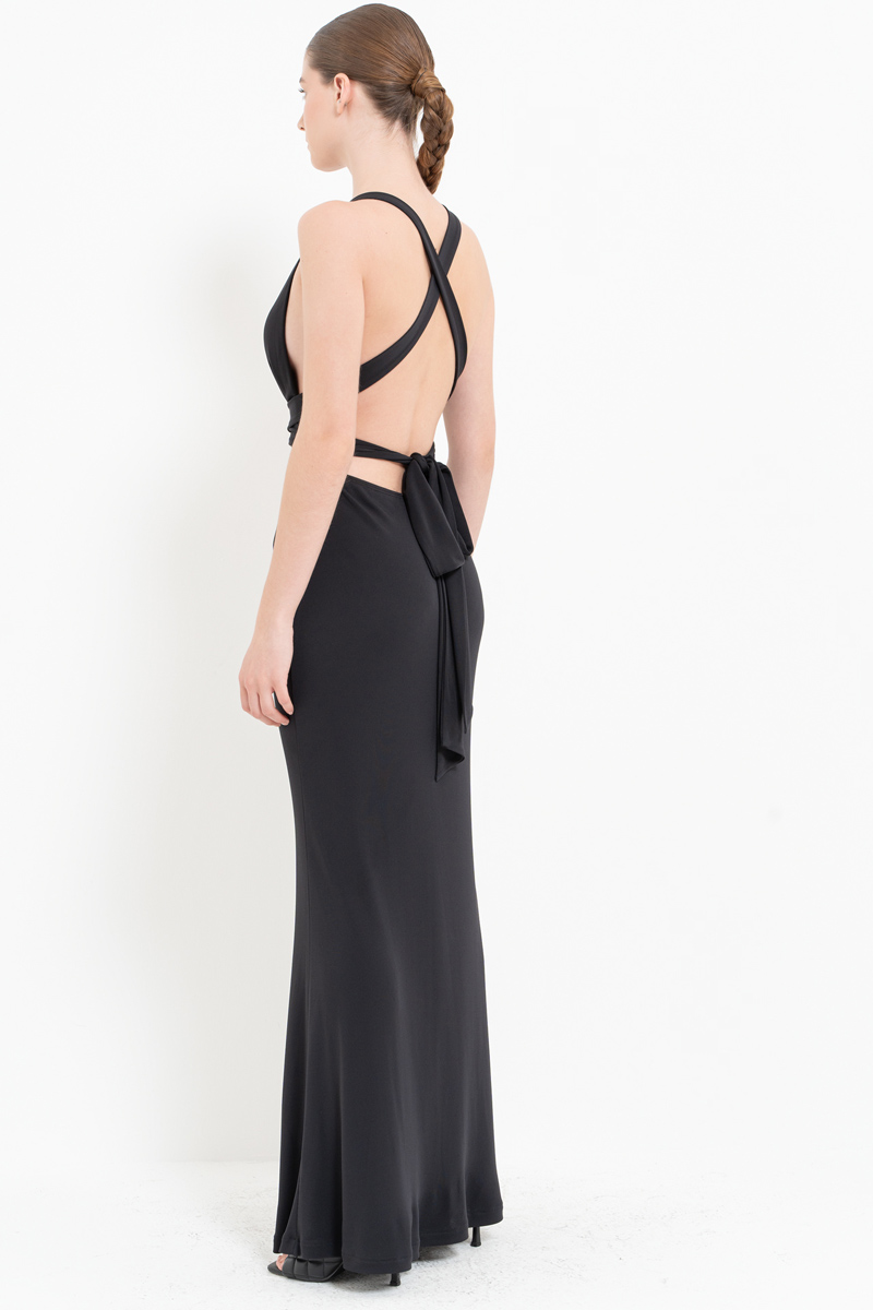 Siyah Gül Detaylı Bağlamalı Saten Elbise