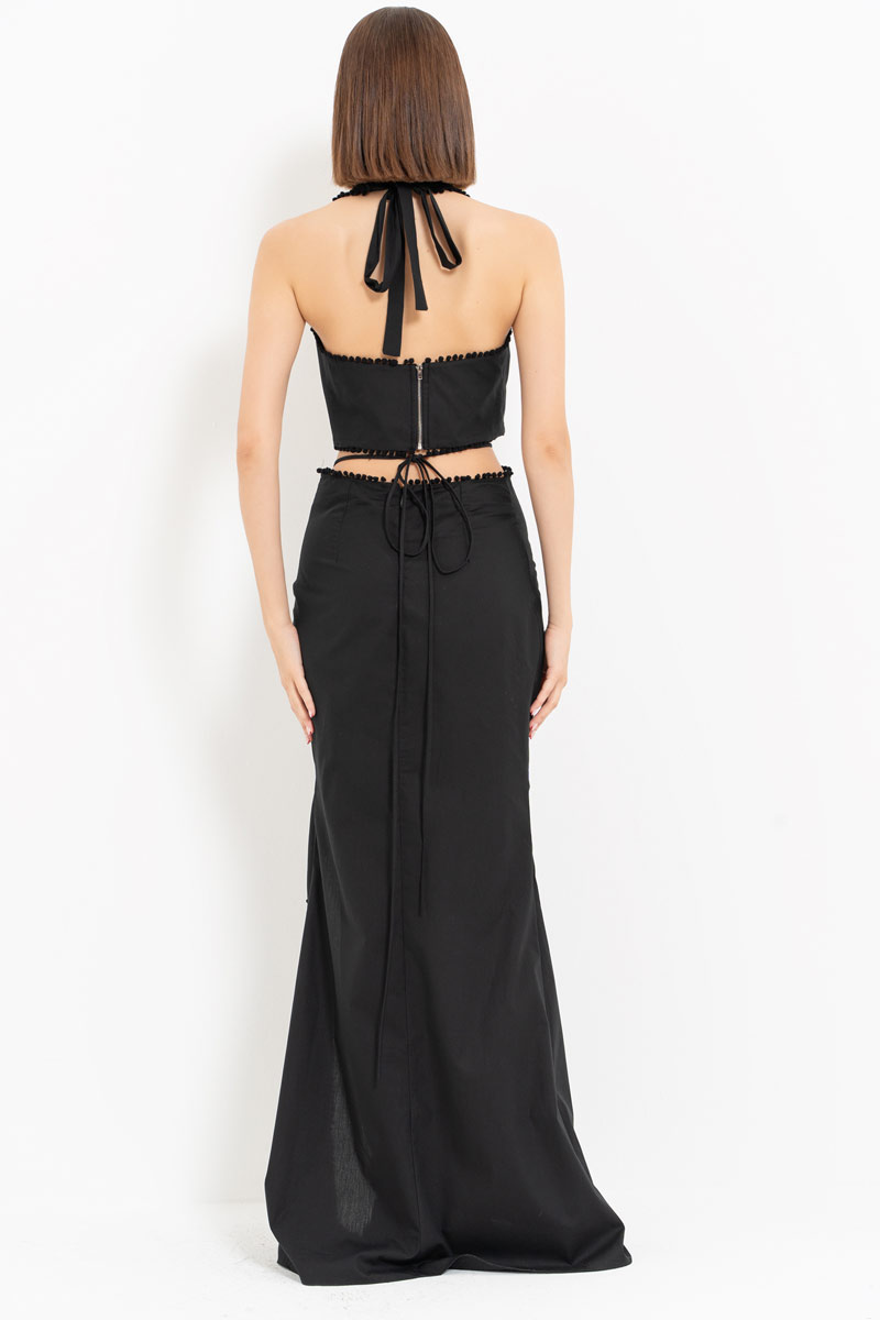 Siyah Gül Detaylı Bağlamalı Büstiyer & Etek Takım