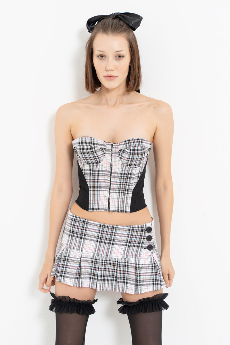 Siyah-Pembe Straplez Ekoseli Büstiyer & Etek Takım