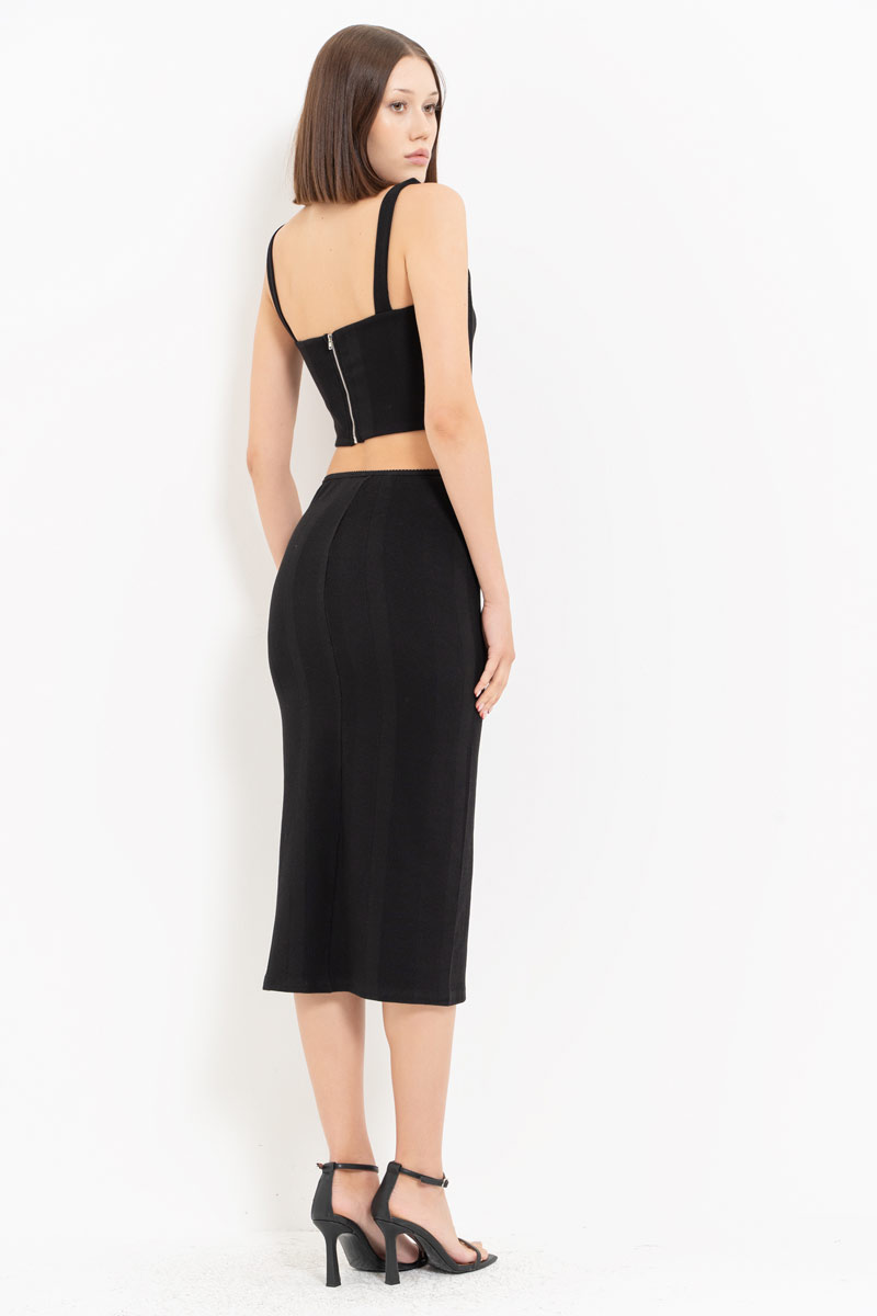 Siyah Balenli Büstiyer & Midi Etek Takım