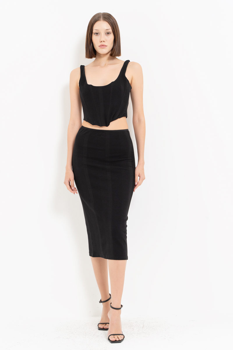 Siyah Balenli Büstiyer & Midi Etek Takım