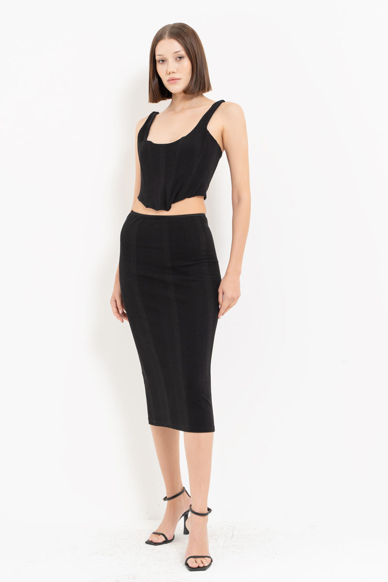 Siyah Balenli Büstiyer & Midi Etek Takım