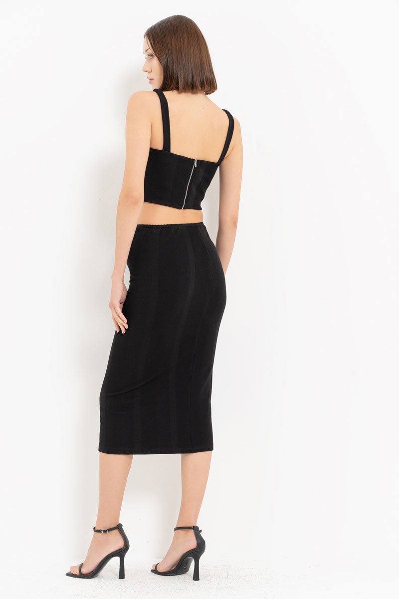 Siyah Balenli Büstiyer & Midi Etek Takım