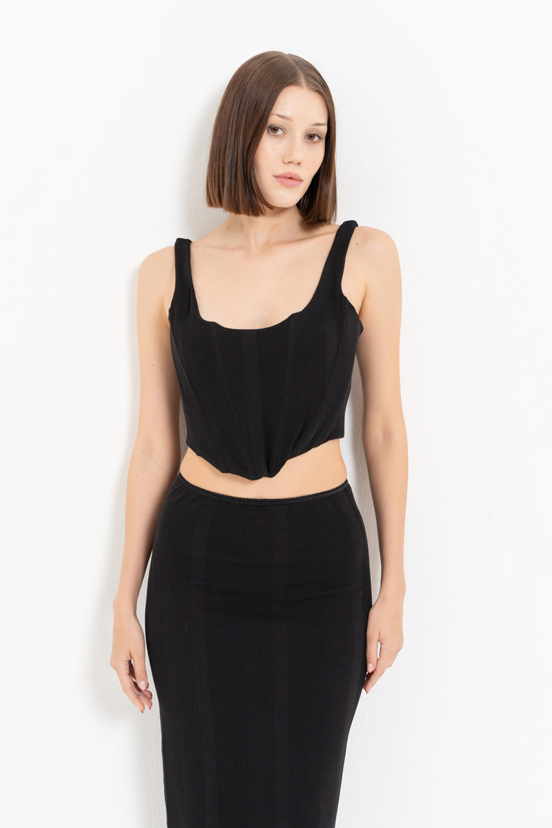 Siyah Balenli Büstiyer & Midi Etek Takım