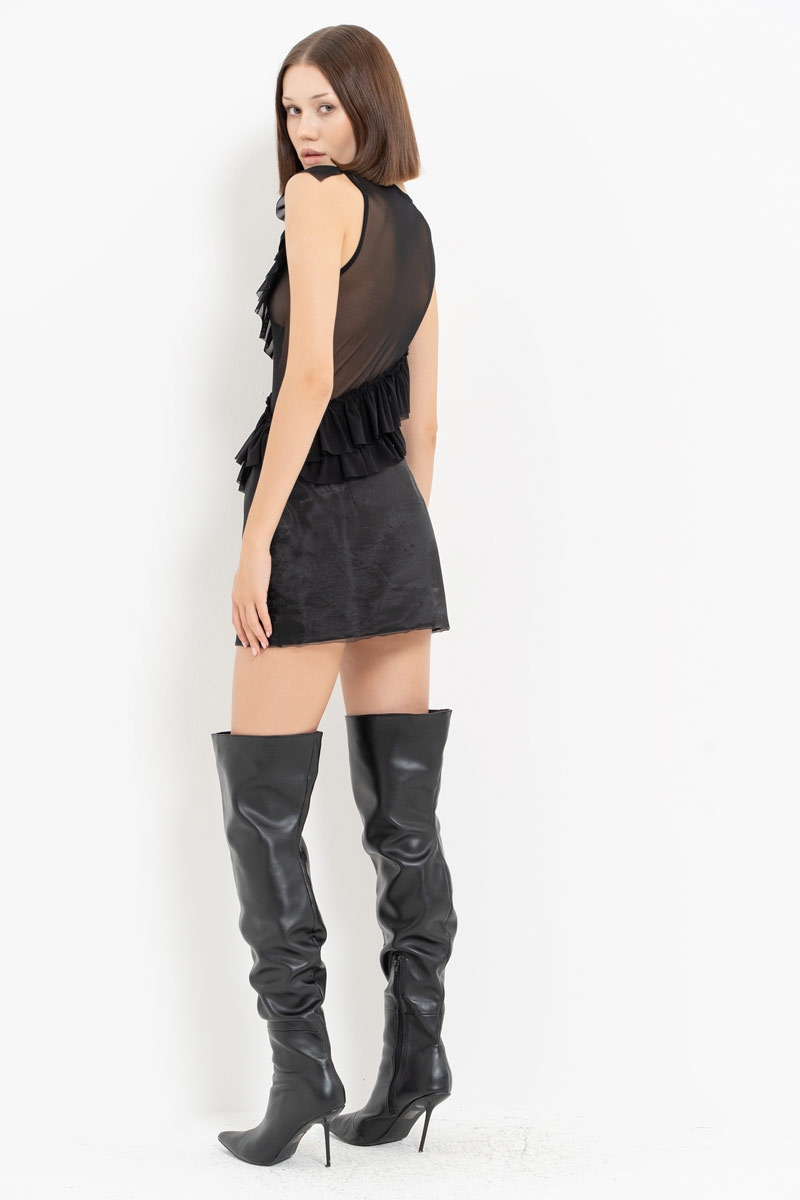 Siyah Fırfır Detaylı Çıtçıtlı Tül Bodysuit