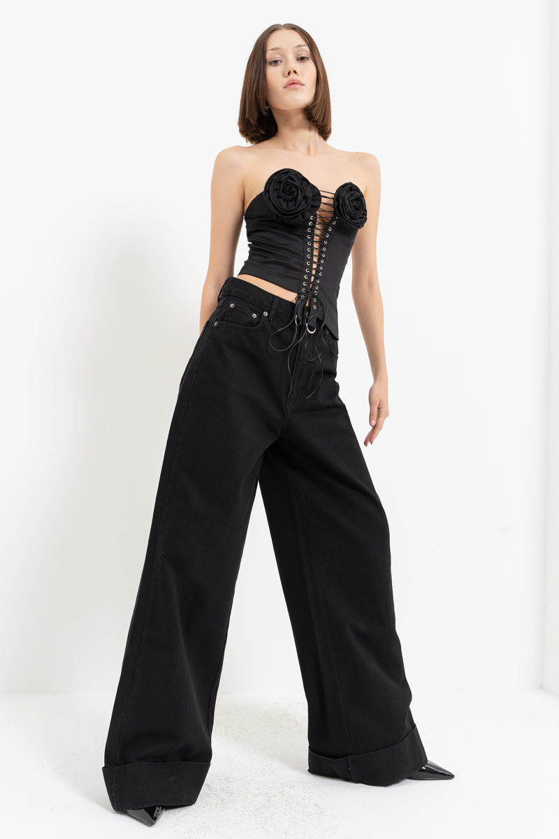 Siyah Gül Detaylı Kuşgözülü Büstiyer