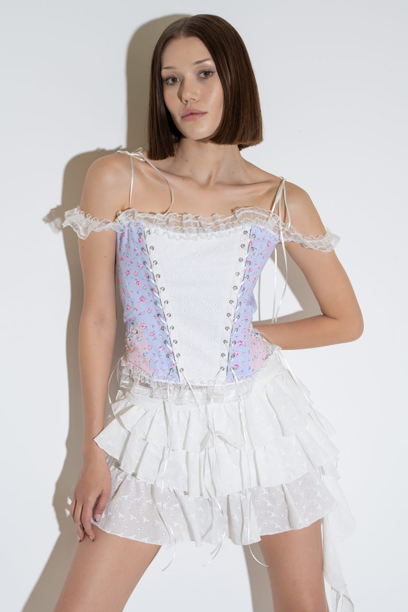 Mavi Offwhite Pembe Desenli Kuşgözülü Büstiyer