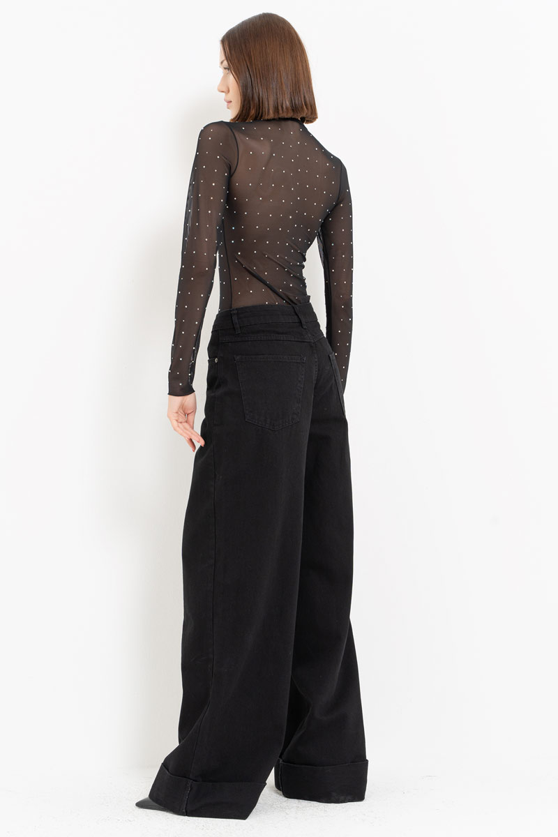 Black - Janjan Gül Detaylı Taşlı Tül Bodysuit