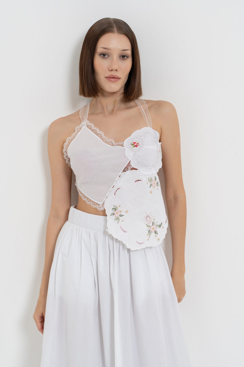 Off white Nakışlı Örgü Büstiyer