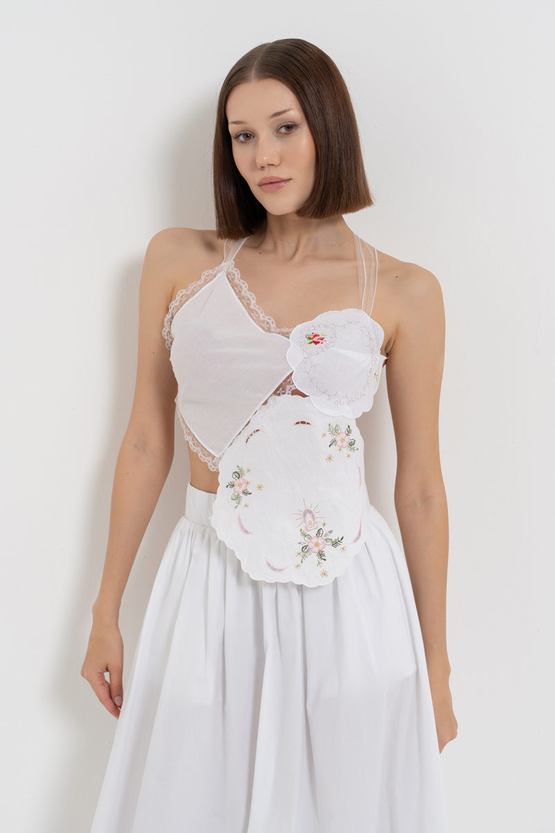 Off white Nakışlı Örgü Büstiyer