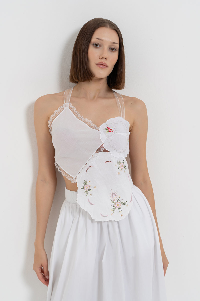 Off white Nakışlı Örgü Büstiyer