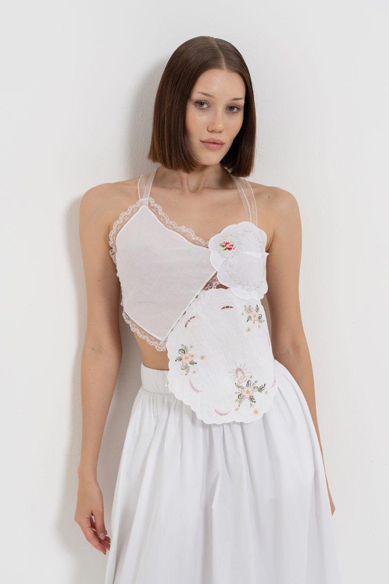 Off white Nakışlı Örgü Büstiyer