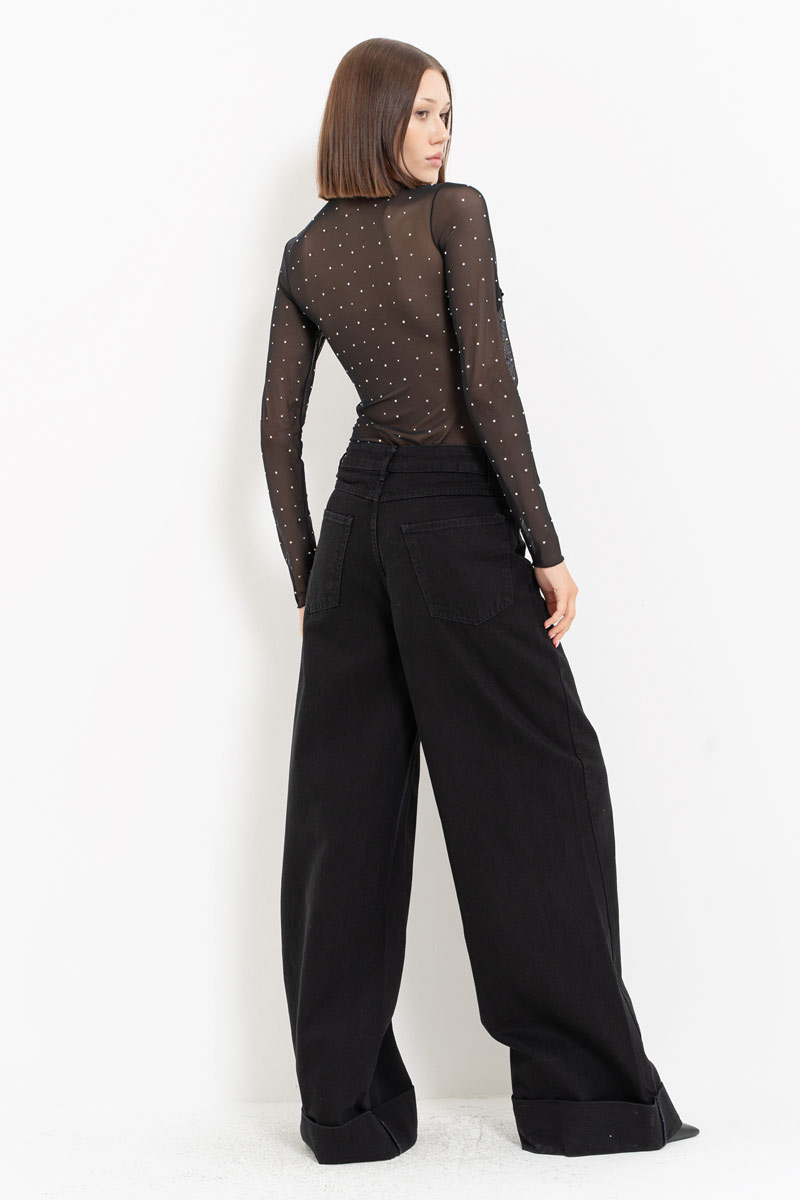 Siyah Bol Paça Kot Pantolon
