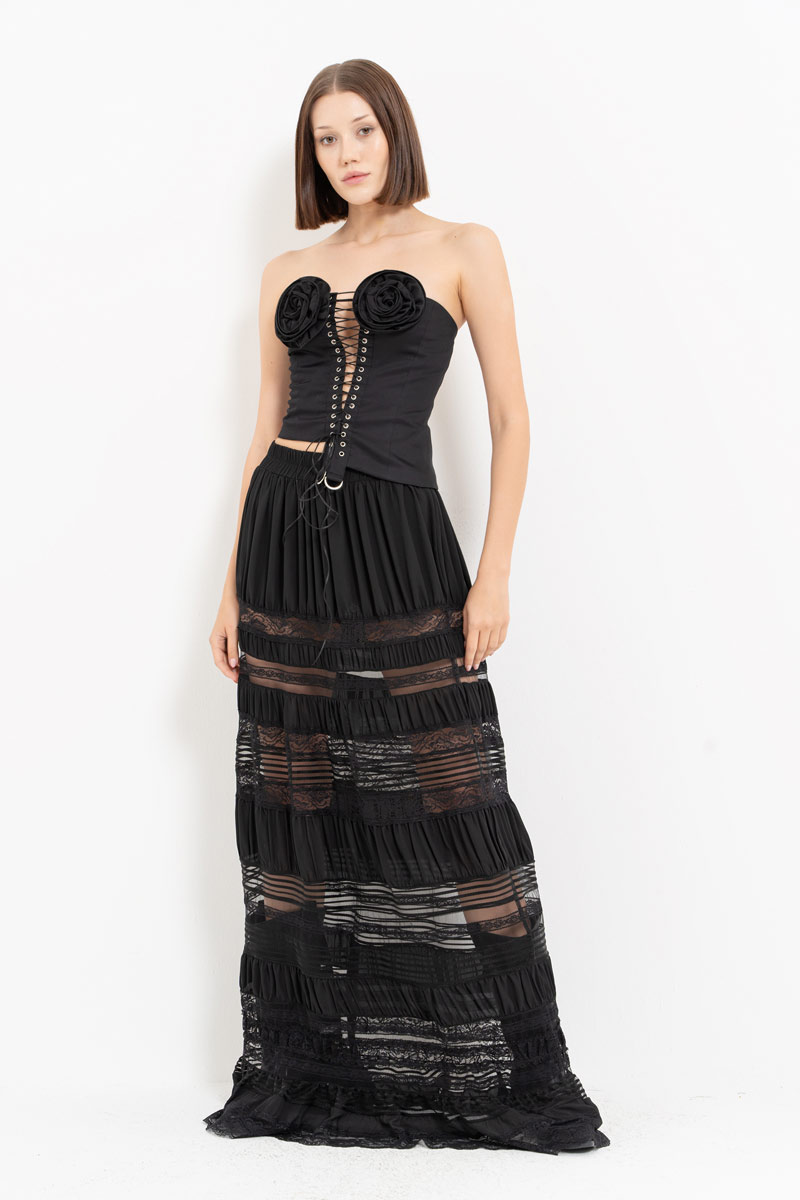 Siyah Parçalı Uzun Etek