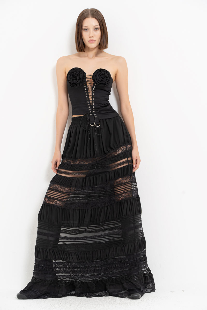 Siyah Parçalı Uzun Etek