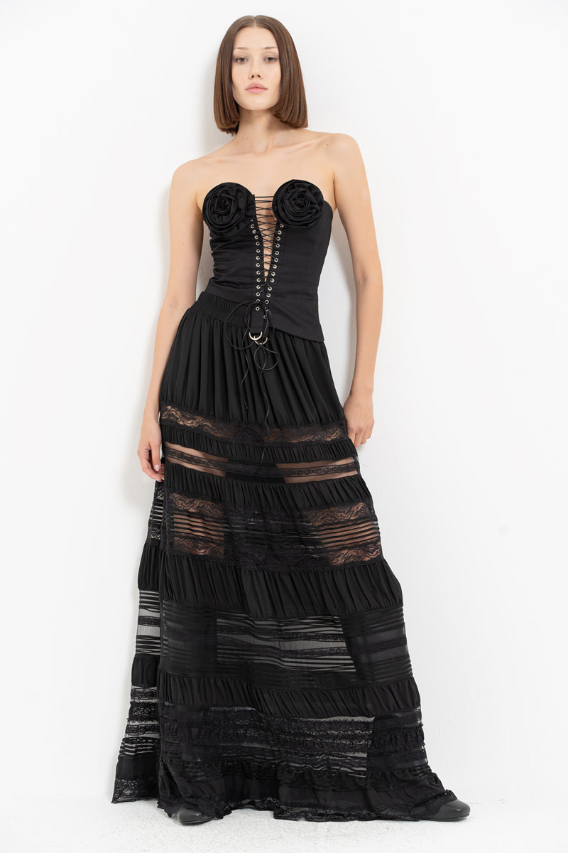 Siyah Parçalı Uzun Etek