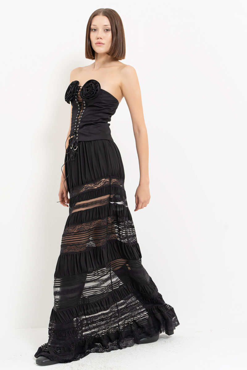 Siyah Parçalı Uzun Etek