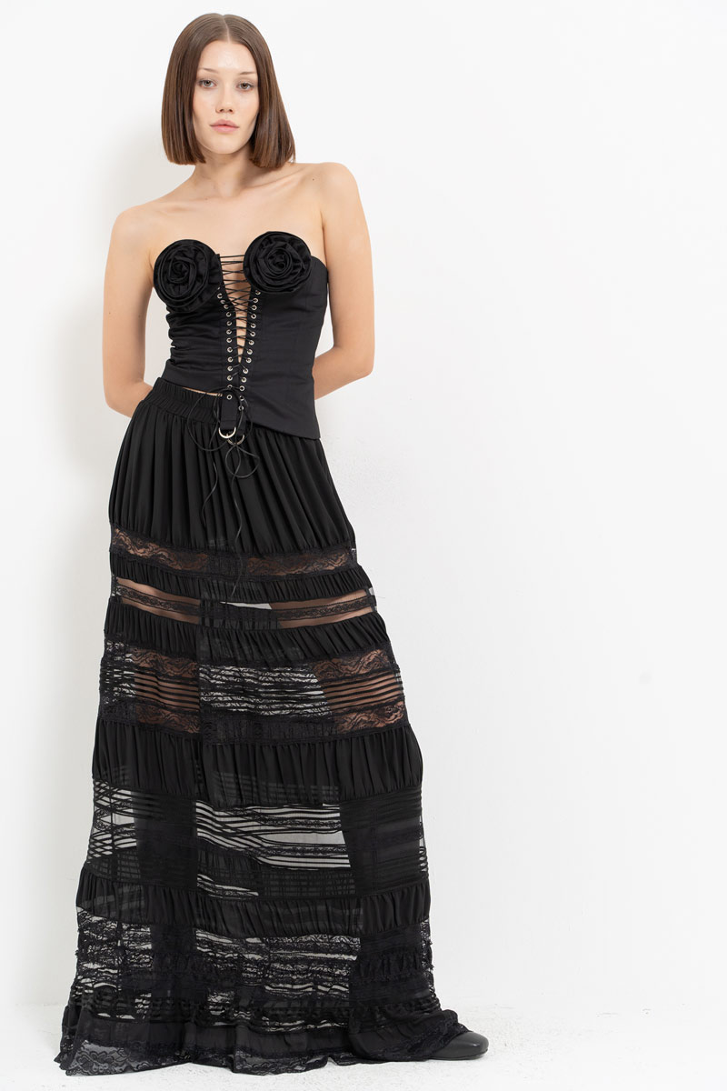 Siyah Parçalı Uzun Etek