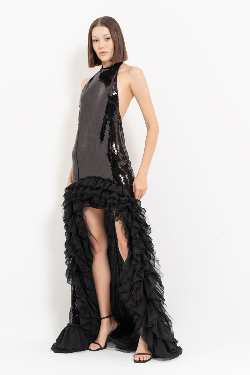 Siyah Etek Ucu Şifon Fırfırlı Uzun Payet Elbise