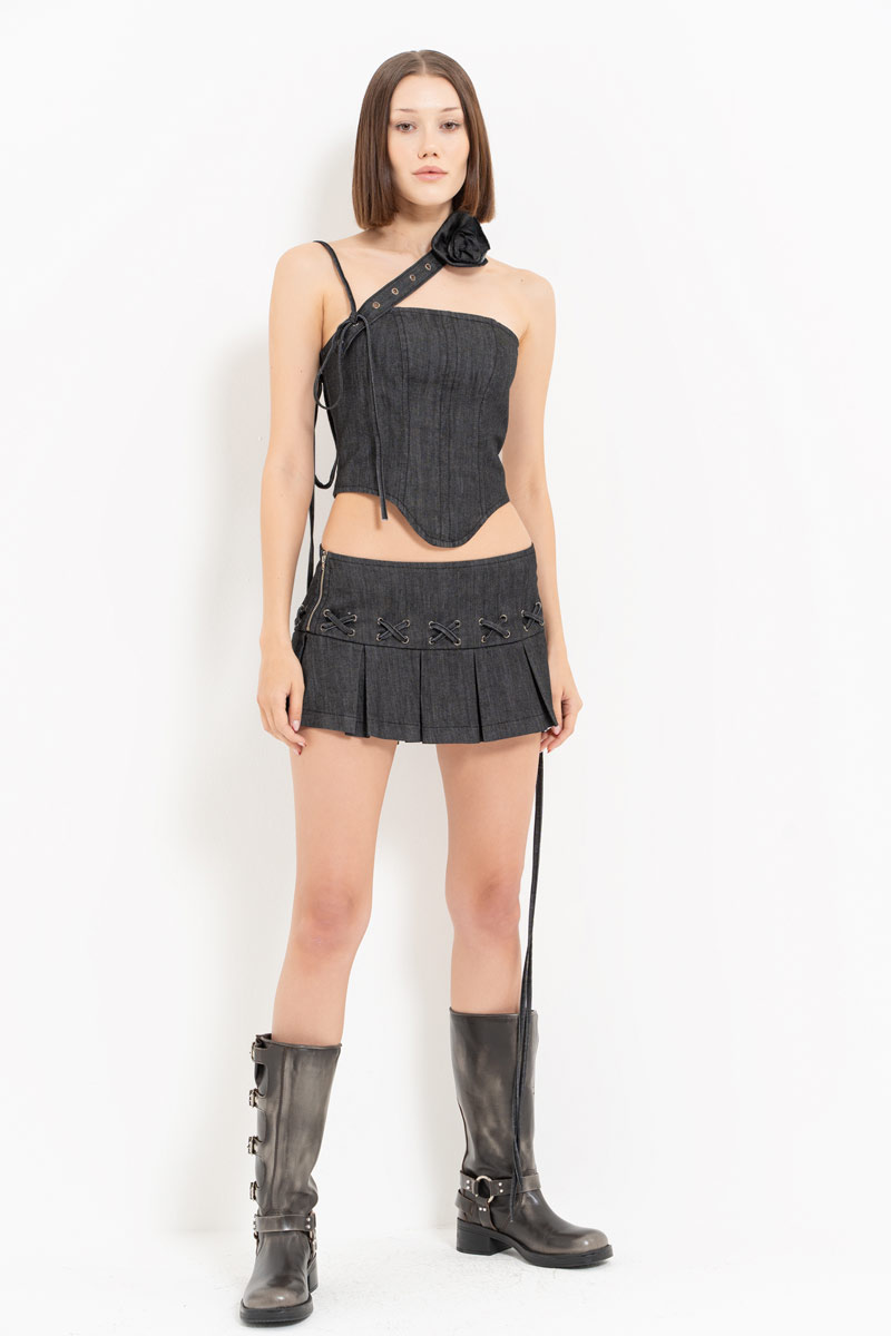 Dark Antrasit Kuşgözü Detaylı Kot Büstiyer & Mini Etek Takım