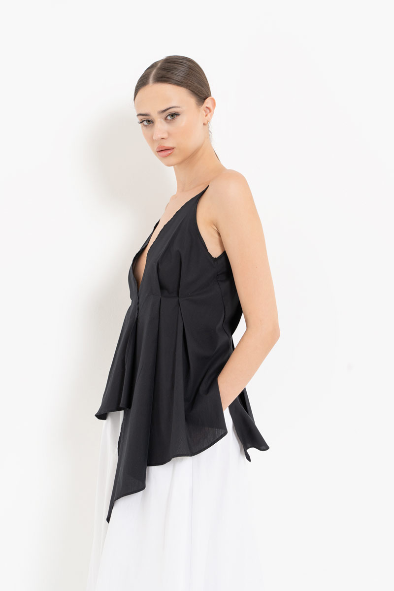 Siyah Askılı Asimetrik Poplin Bluz