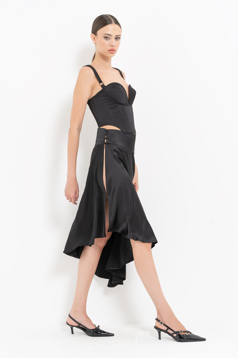 Black Button-Side Satin Skirt