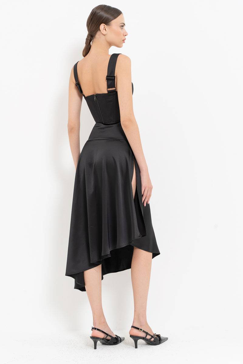 Black Button-Side Satin Skirt