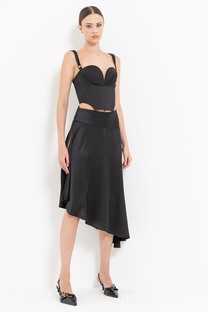 Black Button-Side Satin Skirt