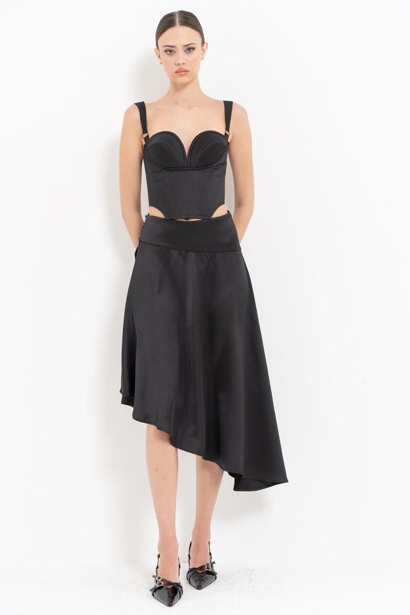 Black Button-Side Satin Skirt