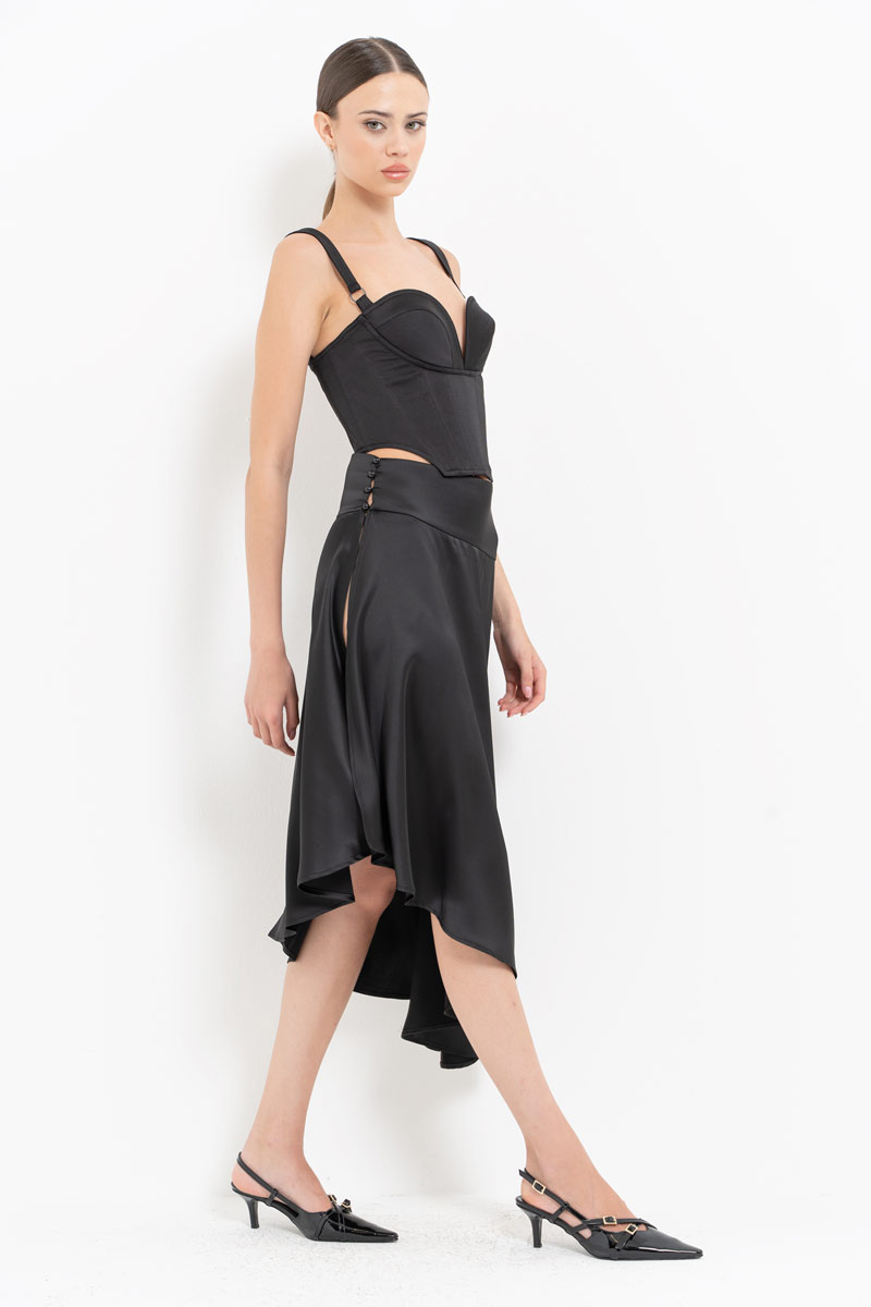 Black Button-Side Satin Skirt