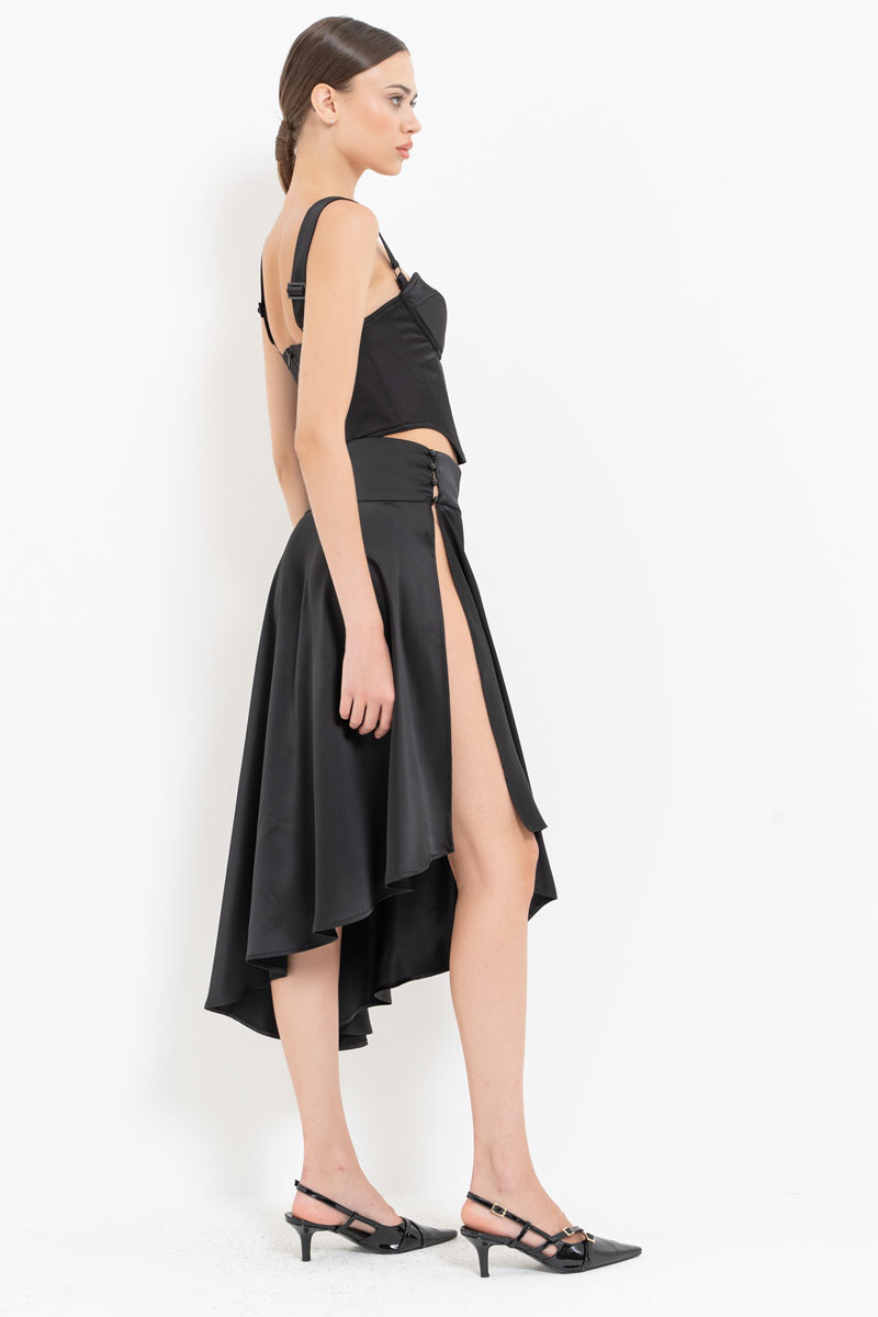 Black Button-Side Satin Skirt
