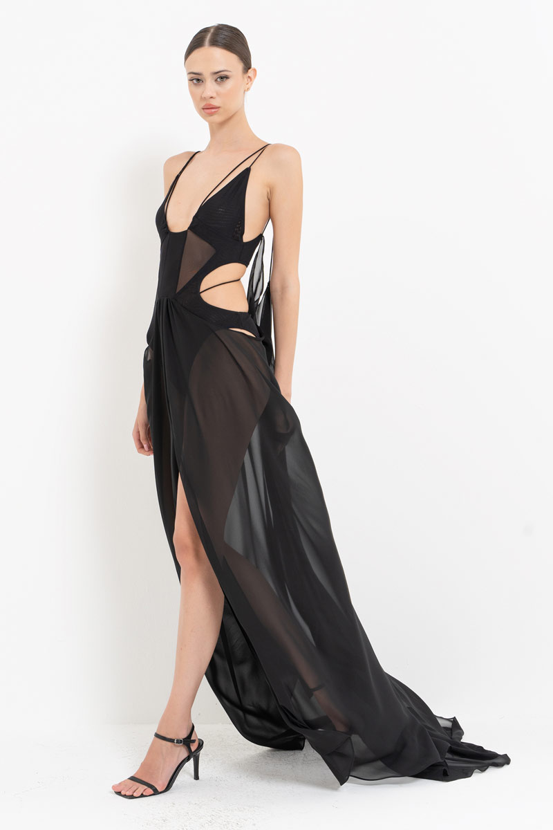 Sheer Black Cami Chiffon Dress With Bodysuit | Kikiriki