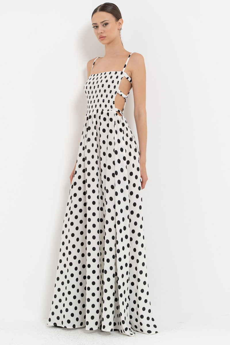 SİYAH-OFF BÜYÜK PUANTİYE Pencere Detaylı Puantiyeli Elbise